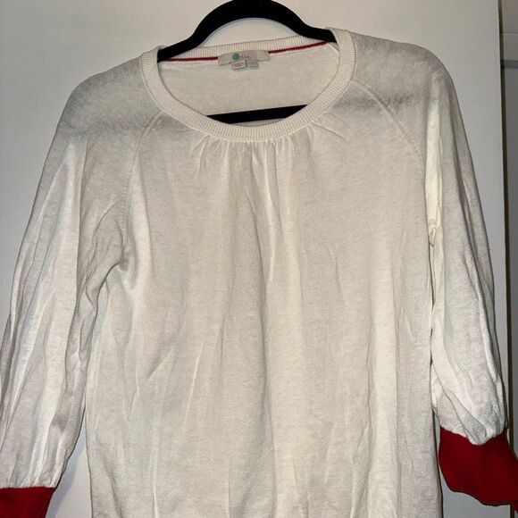 Boden Women’s Small Linen Blend Crew Sweater Cream Red 3/4 Bow Sleeves EUC - Picture 4 of 11
